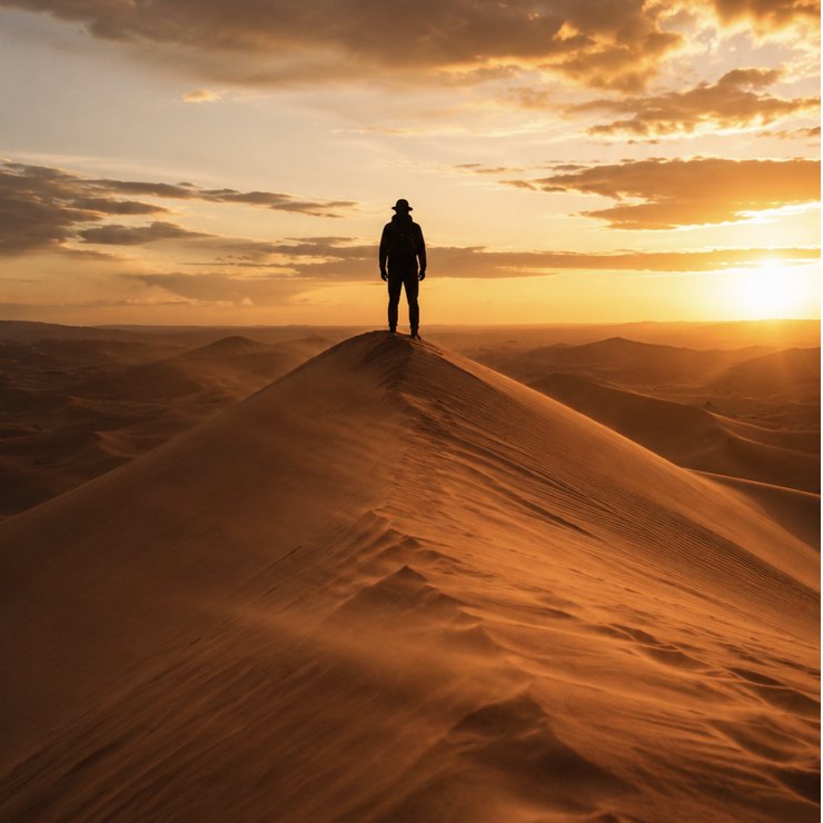 Самотня постать на дюні Сахари на заході сонця